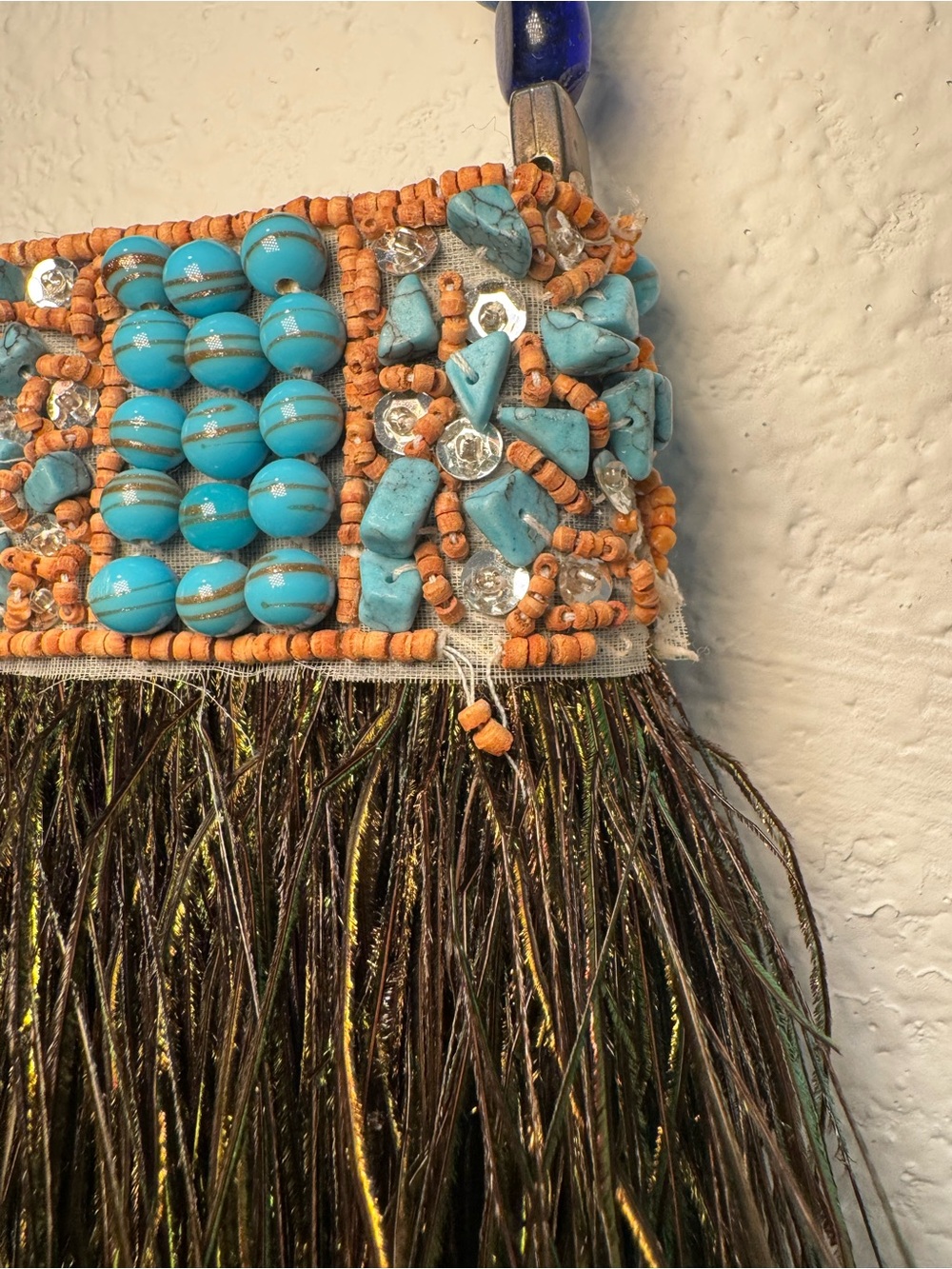 Handcrafted Turquoise & Green Beaded Mini Bag with Feather Fringe - Picture 2 of 4